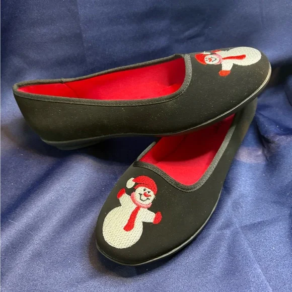 Angel Steps Embroidered Snowman Shoes Black Flats Holiday Shoes - Picture 3 of 6